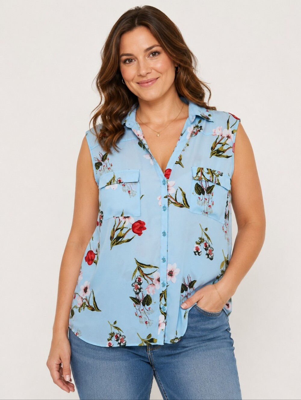 Soho Jeans XL Blue Floral Sleeveless Blouse Cottagecore Garden Girl